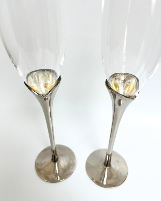 Image 1 of Coppia di flûte da champagne vintage placcati in argento – Francia, anni '70