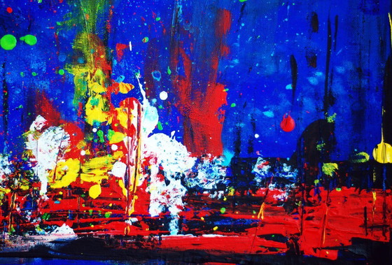 Image 1 of Abstract blue and red colors acrylic painting on stretched canvas