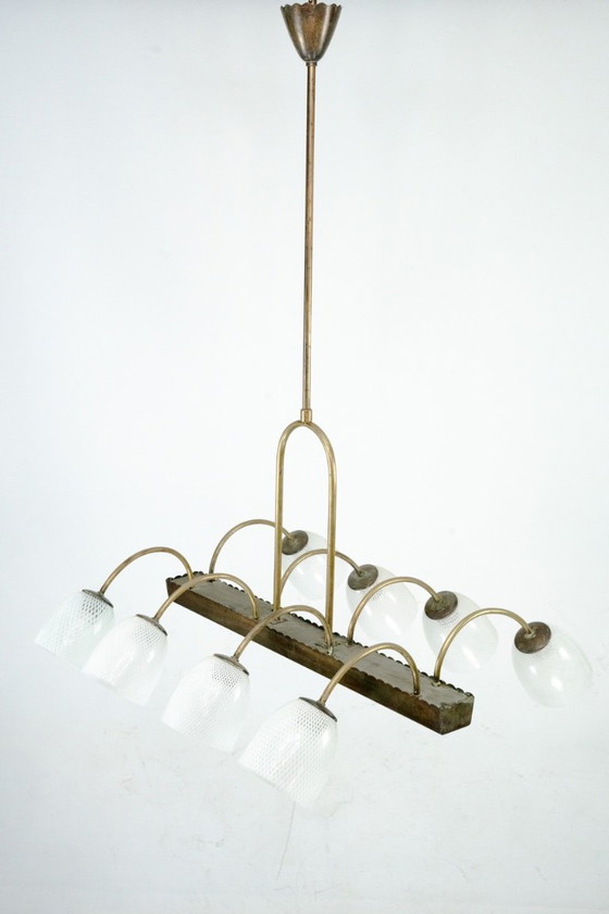 Image 1 of Kroonluchter van Venini Reticello-glas uit het midden van de 20e eeuw, met 8 armen, Murano, Italië, jaren 1940.