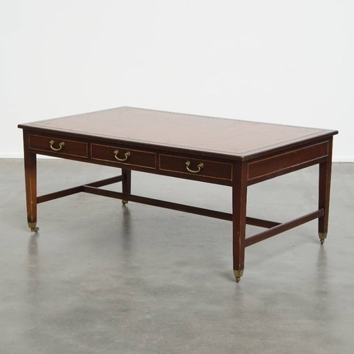 Chesterfield coffee table on wheels in English style with 4 drawers and brown leather top