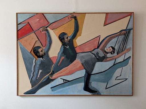 Groot vintage Frans modernistisch reliëf in gemengde technieken – Abstracte dansende figuren – 142 × 102 cm