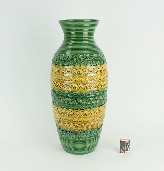 Image 1 of west german 1960s mid century VASE floorvase ü-keramik green ochre relief pattern model 1142-50