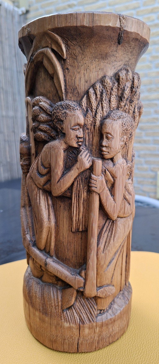 Unique African hand-carved wooden vase/sculpture - 31 cm.