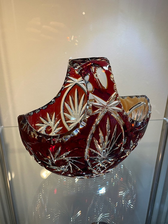 Cesto in Vetro di Cristallo Tagliato Rosso Rubino Boemo Vintage, Bohemia, Accessori da tavola (foto 2 di 15)