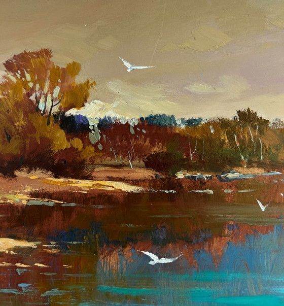 Image 1 of Original Oil Painting Autumn Coastal Landscape Birds fly over the river
