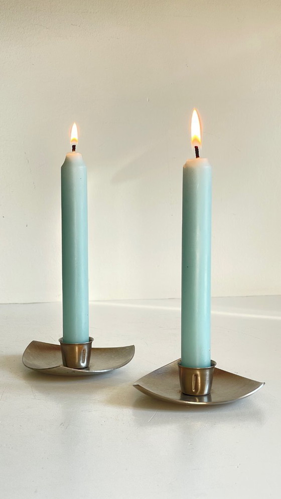 Image 1 of Vintage brushed metal geometric candlesticks