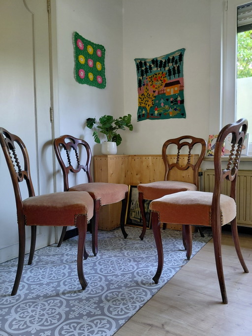 Juego de 4 sillas de comedor antiguas estilo Biedermeier - Buen estado – eetkamerstoelen, Velvet, Wood
