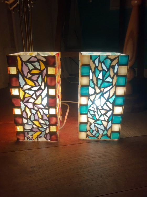 Zeldzame set handgemaakte vintage mozaïek glazen glazen lampen tafellampen vloerlampen in sfeervolle – Retro (photo 4 of 15)