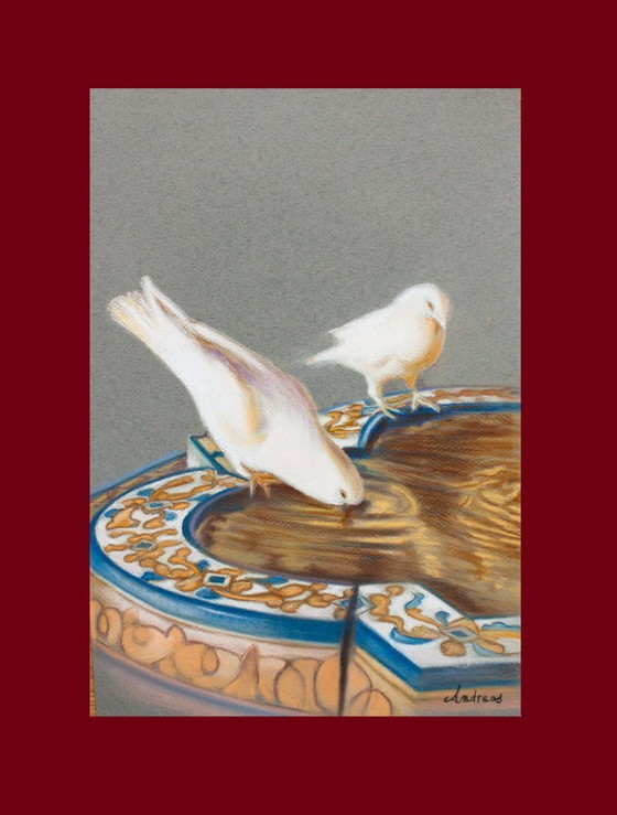 Image 1 of Pigeons drinking from the fountain. Drawing of pigeons. Painting of pigeons. Picture of pigeons. New.