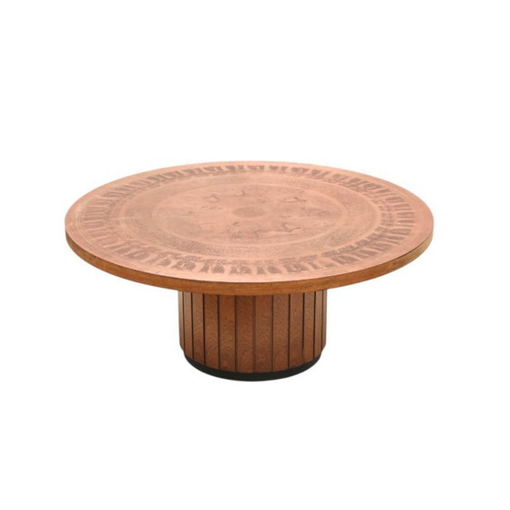 Image 1 of Round vintage Brutalist coffee table from VAD Trævarefabrik with copper top