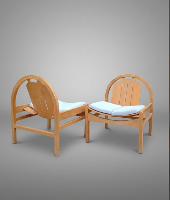 Pair of Baumann Argos lounge Armchairs, Wood, Textile, Brown, Vintage (photo 3 of 9)