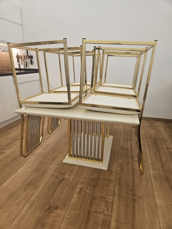 Image 1 of Re: Mesa de comedor de diseño, blanco brillante, dorado, cromo, 6 sillas, metal, lujo