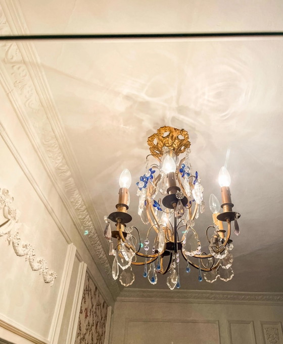 Vintage French Gilt Bronze Cage Chandelier, Blue Murano Glass, 6-Light, 1960s – Crystal (photo 5 of 5)