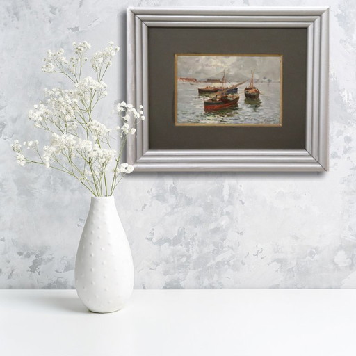 Gulf of Naples with Fishermen Signed R. Leone, Oil Painting on Board, Italy Early 20th Century