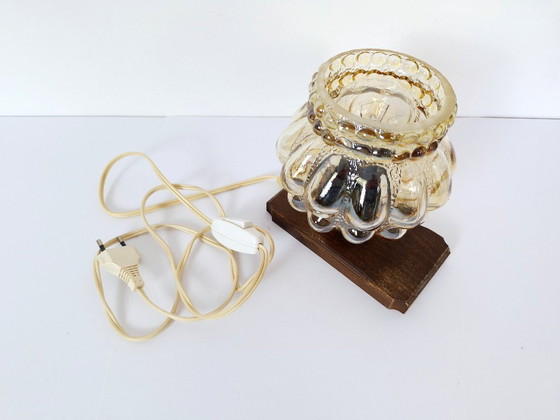 Image 1 of Mid Century Amber Glass Table Lamp / Retro Wood Brass Nightstand Light / 1970s Bubble Glass Desk Fixture / Vintage Small Lantern