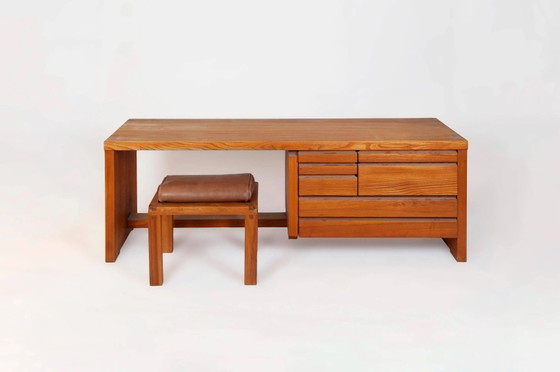 Pierre Chapo, coiffeuse, tabouret et pouf 1989, Bureaux, Cuir, Bois, Marron, Design (photo 8 sur 8)