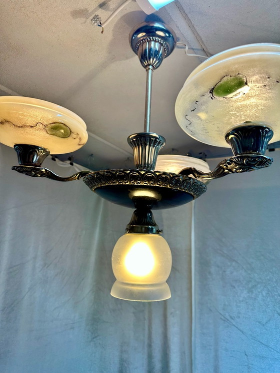 Antique Art Deco Style Pendant Lamp Chandelier with Marbled Opal Glass, Ceiling lights, Metal, Black (photo 2 of 14)