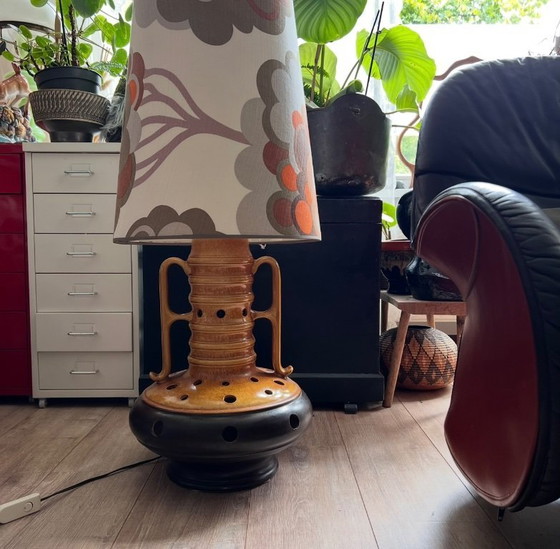 Image 1 of Vintage ceramic floor lamp with floral shade, west Germany style 