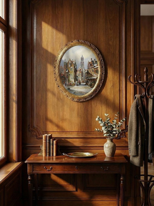 Grand tableau scène urbaine huile sur bois encadré John Haanstra vintage