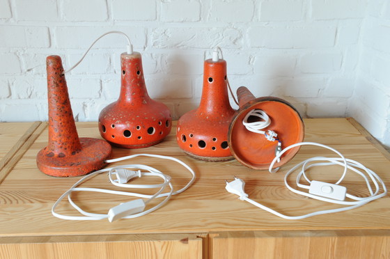 Image 1 of Set Of 2 Orange Ceramic Pottery Vintage West Germany Fat Lava Style Wall Lights