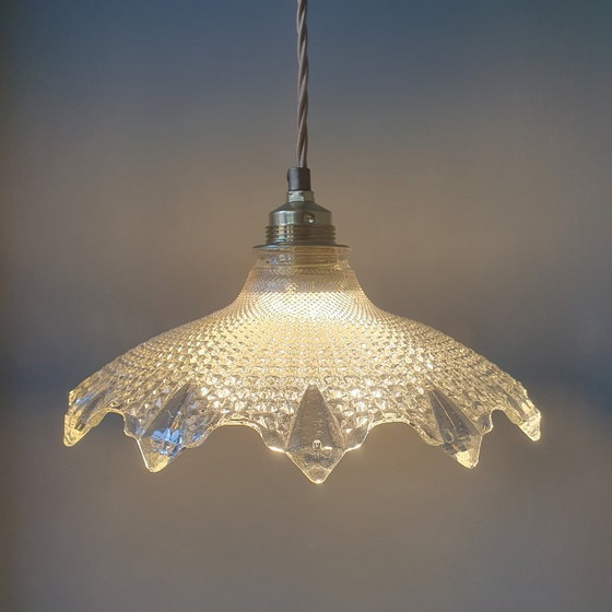 Image 1 of Set (2) Lámpara colgante Holophane, Art Déco, cristal fundido con estructura acanalada