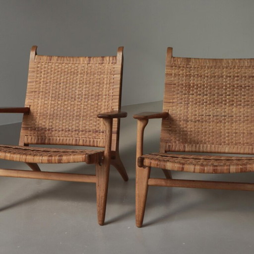 Rare Pair of 1950s Style Danish Lounge Chairs , Oak & Rattan Cane Weave, Mid-Century Modern Collectible Seating