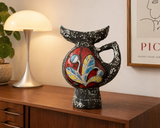 Image 1 of Large Signed Pugi Brutalist Ceramic Pitcher – Vallauris / Monaco – 1970s
