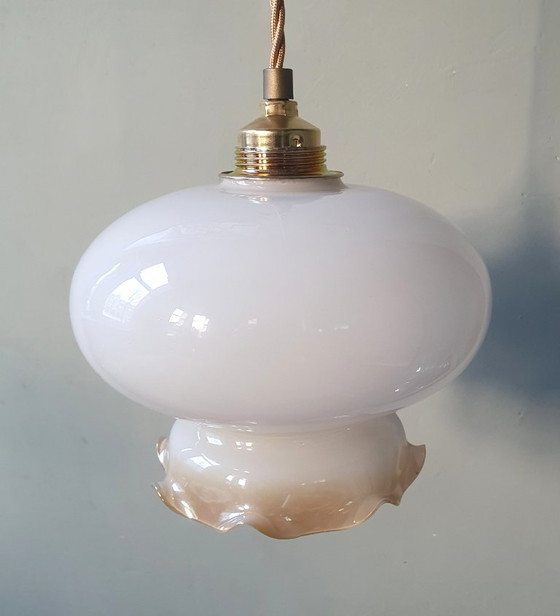 Vintage Glazen Hanglamp - Decoratie Rand - Parelmoer Effect. – Hanglampen, Metal (photo 9 of 13)