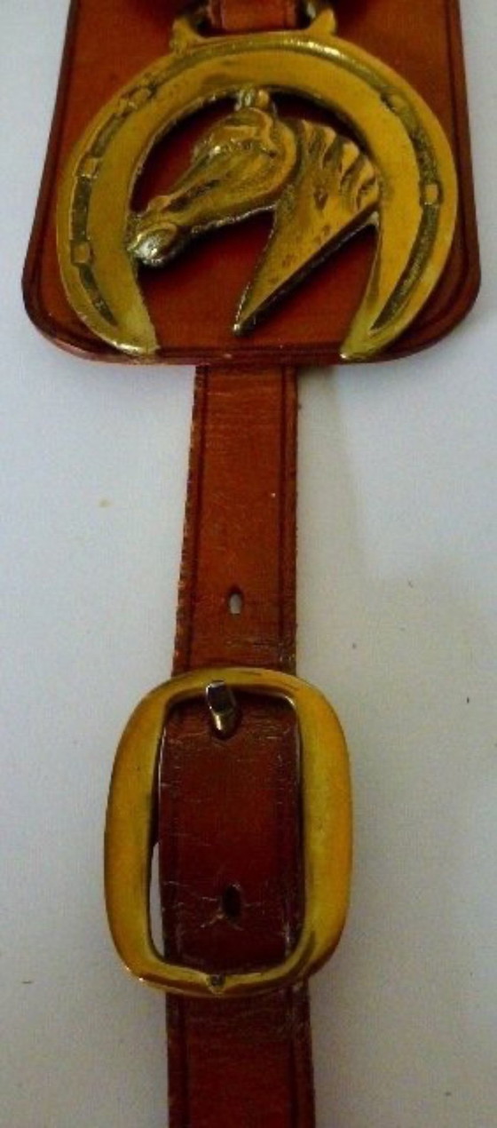 Image 1 of Vintage schellekoord met paard-gerelateerde koperen afbeeldingen. 