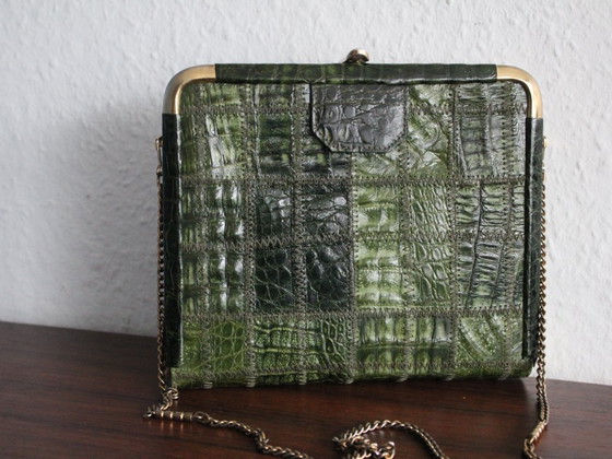 Image 1 of Vintage crocodile leather handbag, green crocodile leather with brass frame and clasp