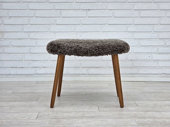 Image 1 of 1960s Reupholstered Danish Armchair with Stool, Genuine Sheepskin