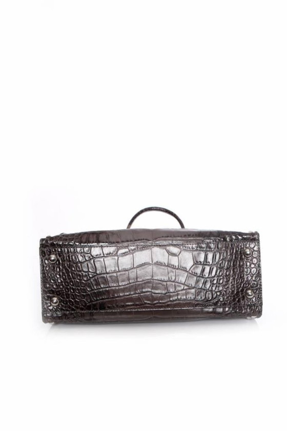 Image 1 of Borsa tote Hamilton di Michael Kors, grigia con stampa coccodrillo e dettagli in metallo argentato.