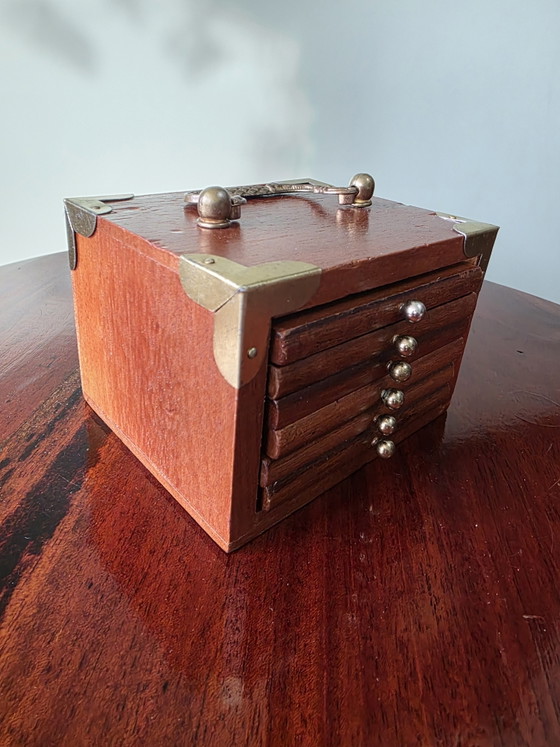 Image 1 of Set of 6 vintage wooden coasters with holder
