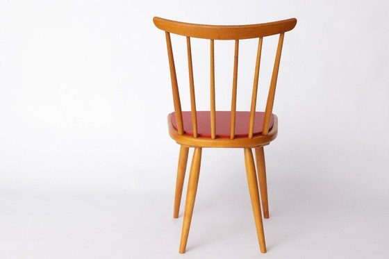 Image 1 of Vintage Beech Dining Chair with Original Red Faux Leather Seat – 1960s/70s Mid-Century German Design
