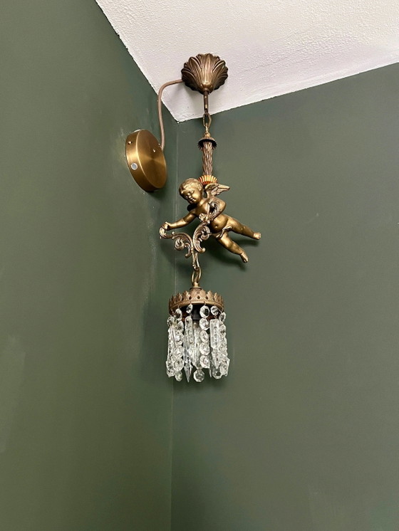 Originele Art Nouveau Lamp met vliegende bronzen cherubijn en kristalglas, circa 1915. Vintage Bronzen Engel (photo 3 of 10)