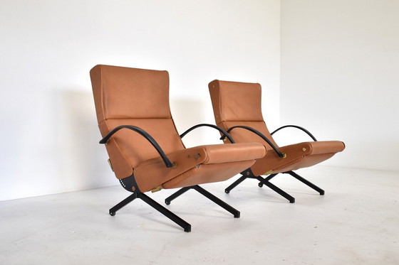 Image 1 of Ein Paar P40 Lounge Chairs von Osvaldo Borsani für Tecno aus cognacfarbenem Leder, 1960er Jahre
