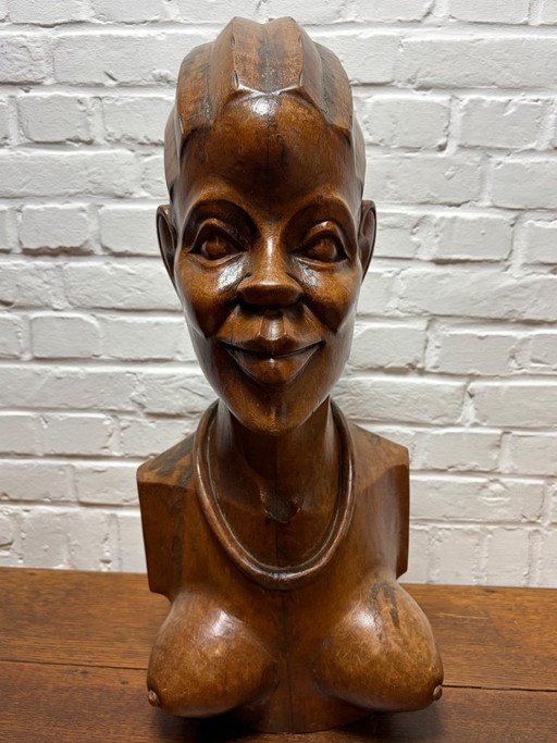 Vintage handgeschnitzte afrikanische Büste – Massivholz (52 cm)