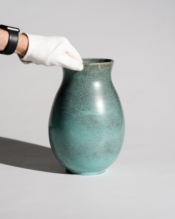 Image 1 of Pair of Richard Uhlemeyer Studio Stoneware Vases – Turquoise Reduction Glaze – Germany, ca. 1940s-1950s Art Deco Bauhaus