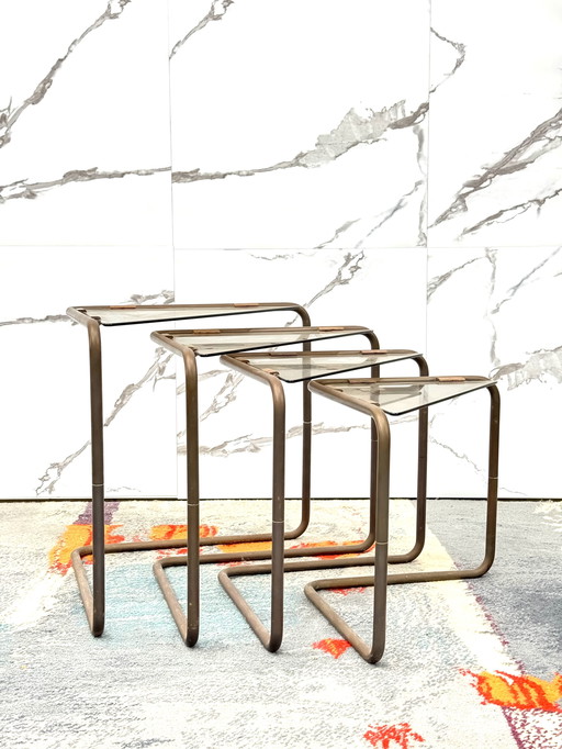 Set 4 side tables Modular Metal And Glass 1960's Design Modernism