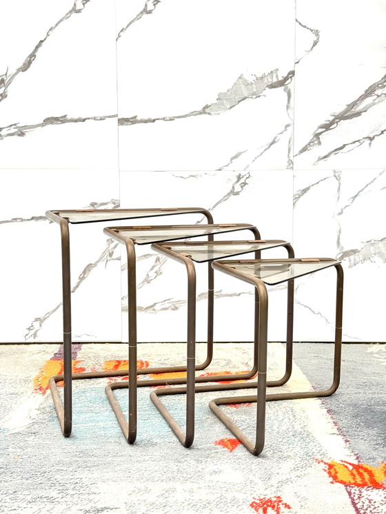 Image 1 of Set 4 tavolini Componibili Metallo E Vetro 1960’s Design Modernariato