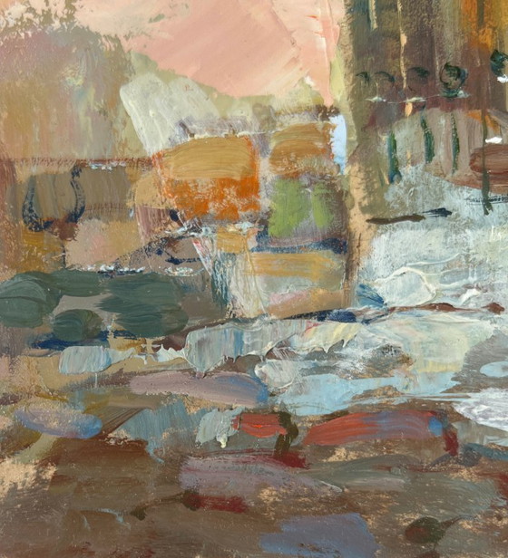 Image 1 of Peinture à l'huile originale - Paysage de rue urbaine - Chemin vers la maison par la ruelle