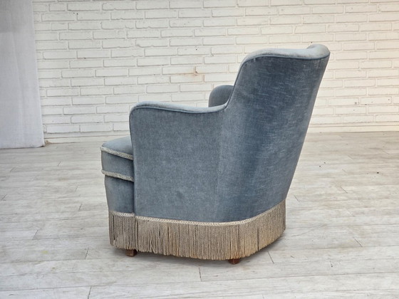 1970s, Danish armchair, furniture velour, beech wood., Velvet, Blue (photo 7 of 17)