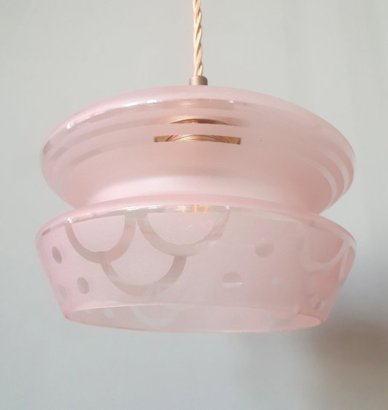 Image 1 of Vintage hanglamp - rose opaline glas met frosted textuur en decoratie 