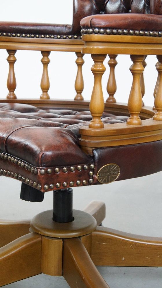Image 1 of Brown height adjustable cowhide leather and wood chesterfield office chair on wheels