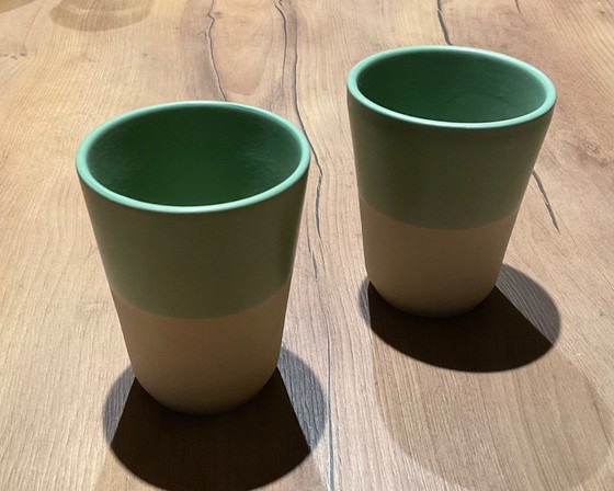 Image 1 of Digoin Sarreguemines 0.50 L Pitcher + 2 Matching Glasses – Vintage Aqua Green