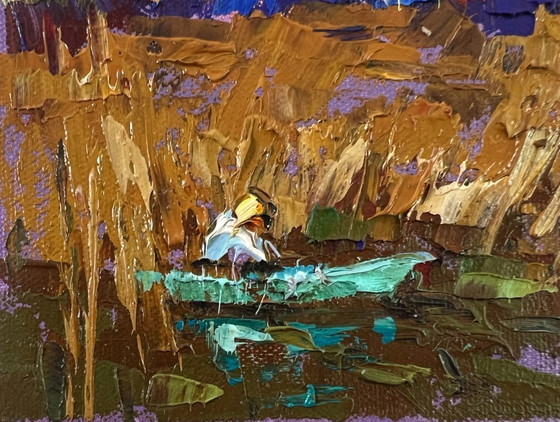 Image 1 of Original Oil Painting Autumn Sunset Landscape Evening on the River