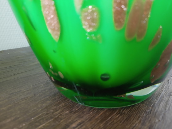 Image 1 of Set hoge Murano handgeblazen glazen vazen siervazen decoratieve vazen sierobjecten in groen met goud, vintage 