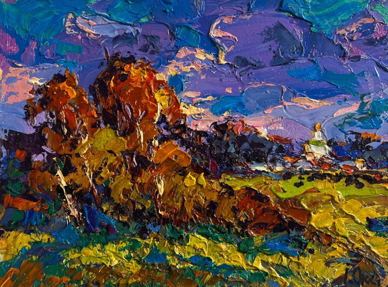 Image 1 of Original Oil Painting Evening Church Landscape Autumn breeze in the forest