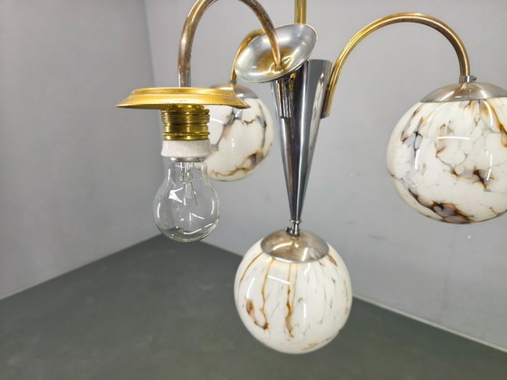 Image 1 of Art Deco Chandelier, Marble Glass, Brass & Chrome, 1930s