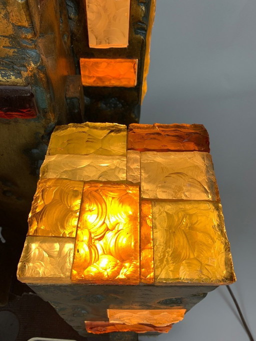 Grand lampadaire en verre martelé et en fer forgé doré Longobard, 1970